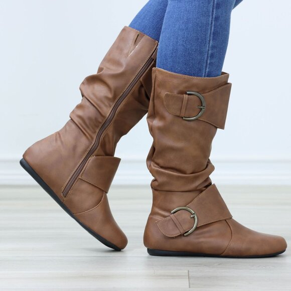 Shoes - Flat Mid Calf Boots Synthetic Leather Buckles Round Toe Womens Casual Tan